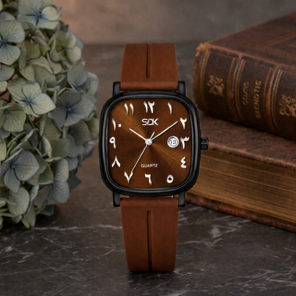 Black Arabic Dial Silicone Strap Watch-Brown
