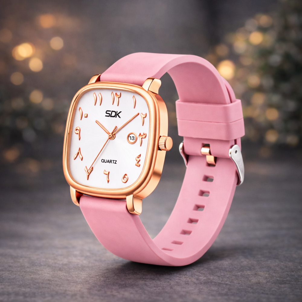 Rose Gold Arabic Dial Quartz Watch-Pink
