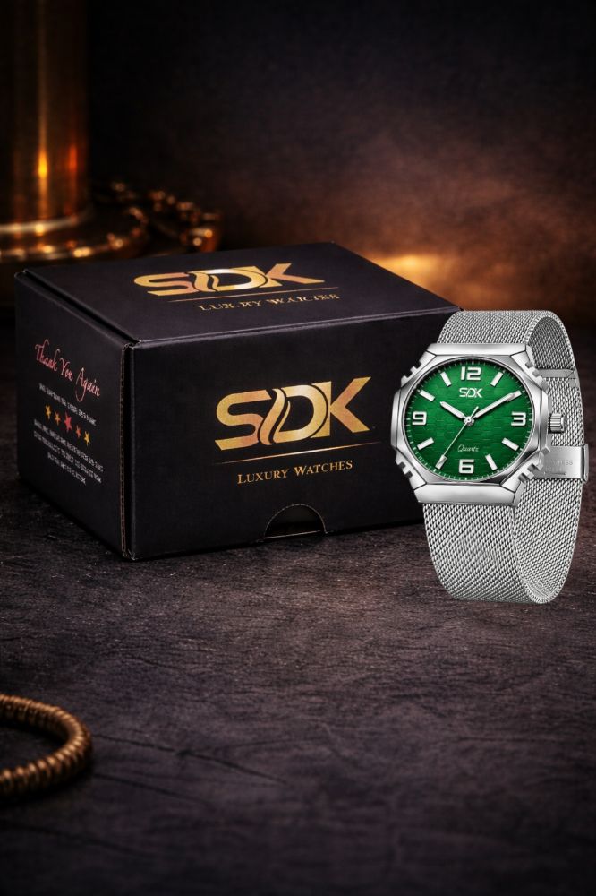 Silver Hexa Mesh Watch-Green