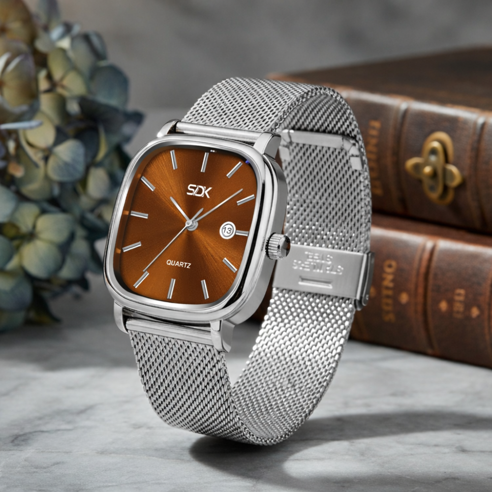 Silver Mesh Classic Date Watch-Brown