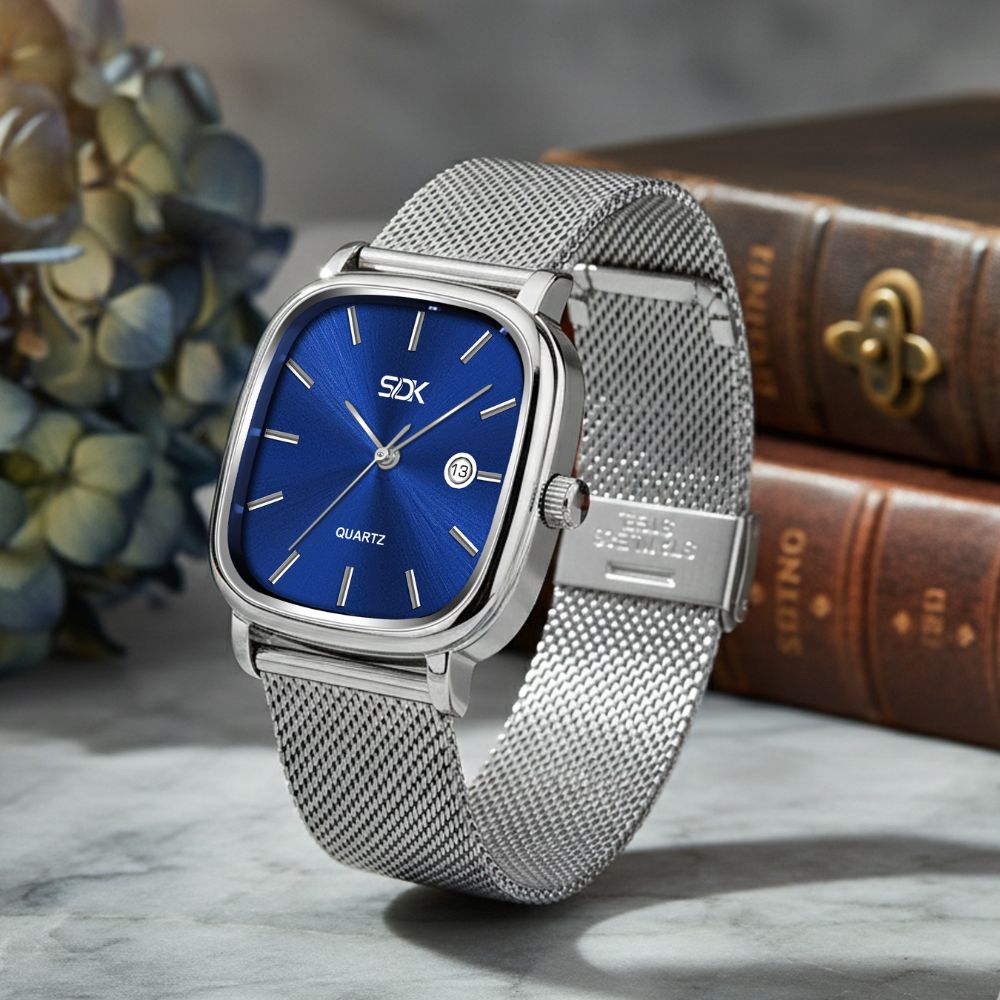 Silver Mesh Classic Date Watch-Blue
