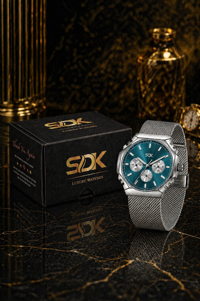 Silver Chrono Mesh Watch-Green