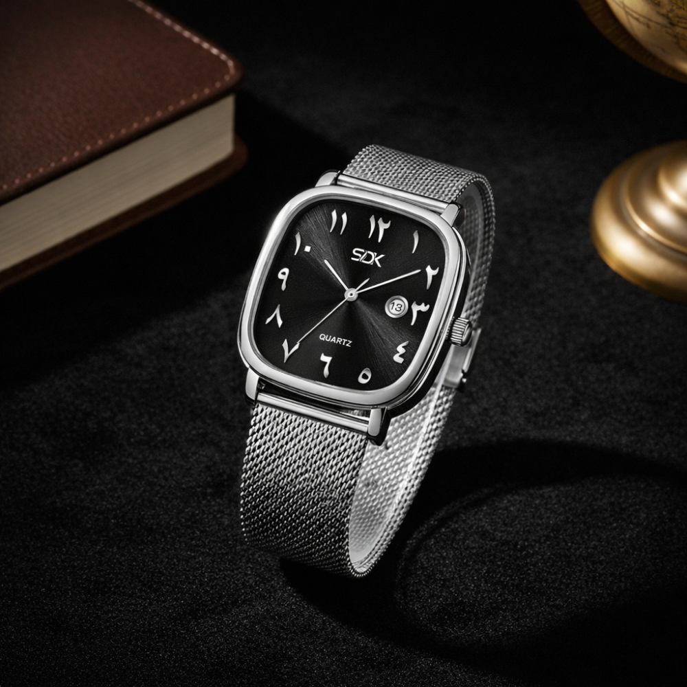 Silver Arabic Dial Mesh Watch-Black