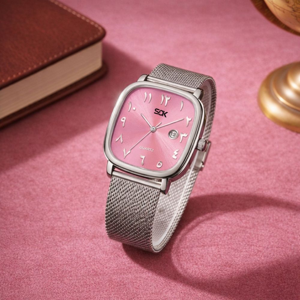 Silver Arabic Dial Mesh Watch-Pink