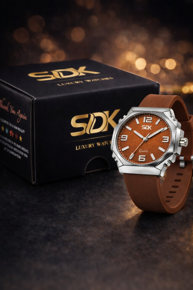 Silver Hexa Silicone Watch-Brown