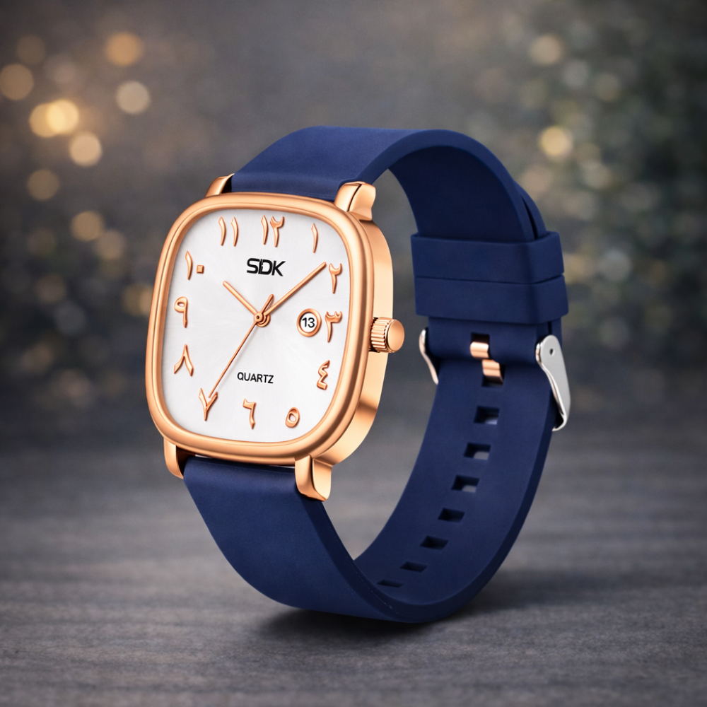 Rose Gold Arabic Dial Quartz Watch-Blue