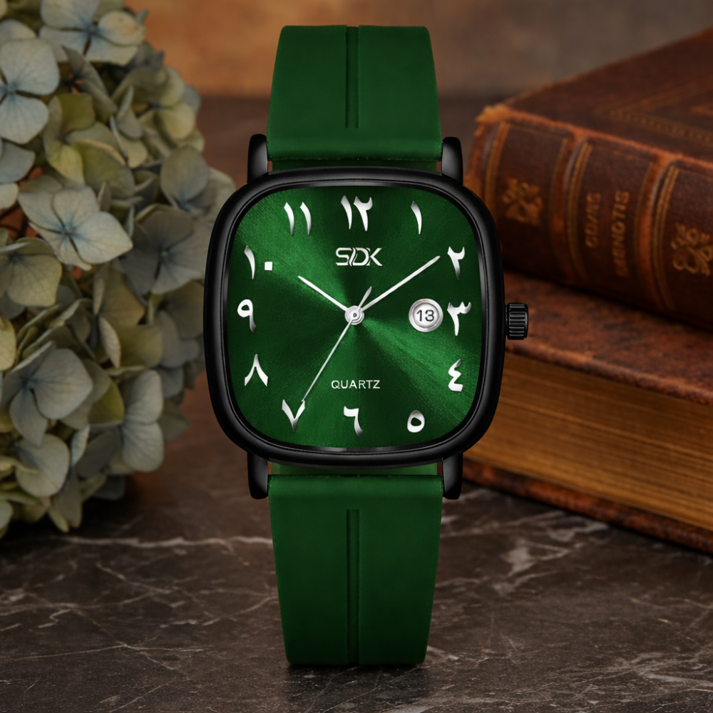 Black Arabic Dial Silicone Strap Watch-Green