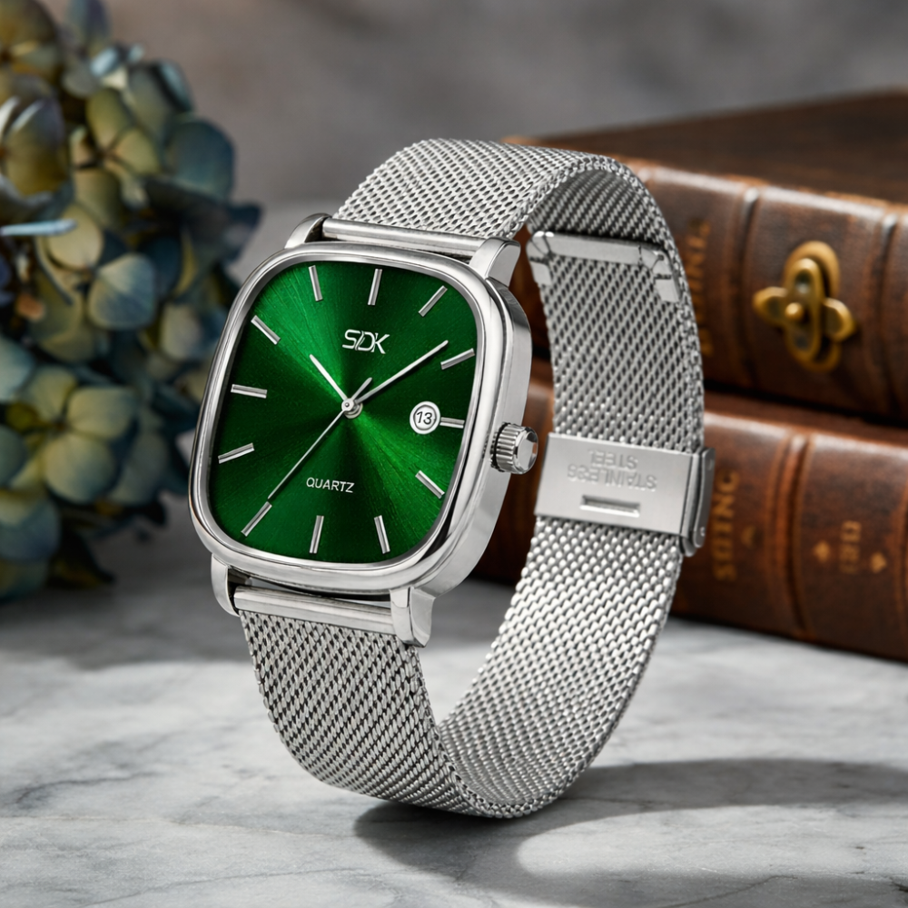 Silver Mesh Classic Date Watch-Green