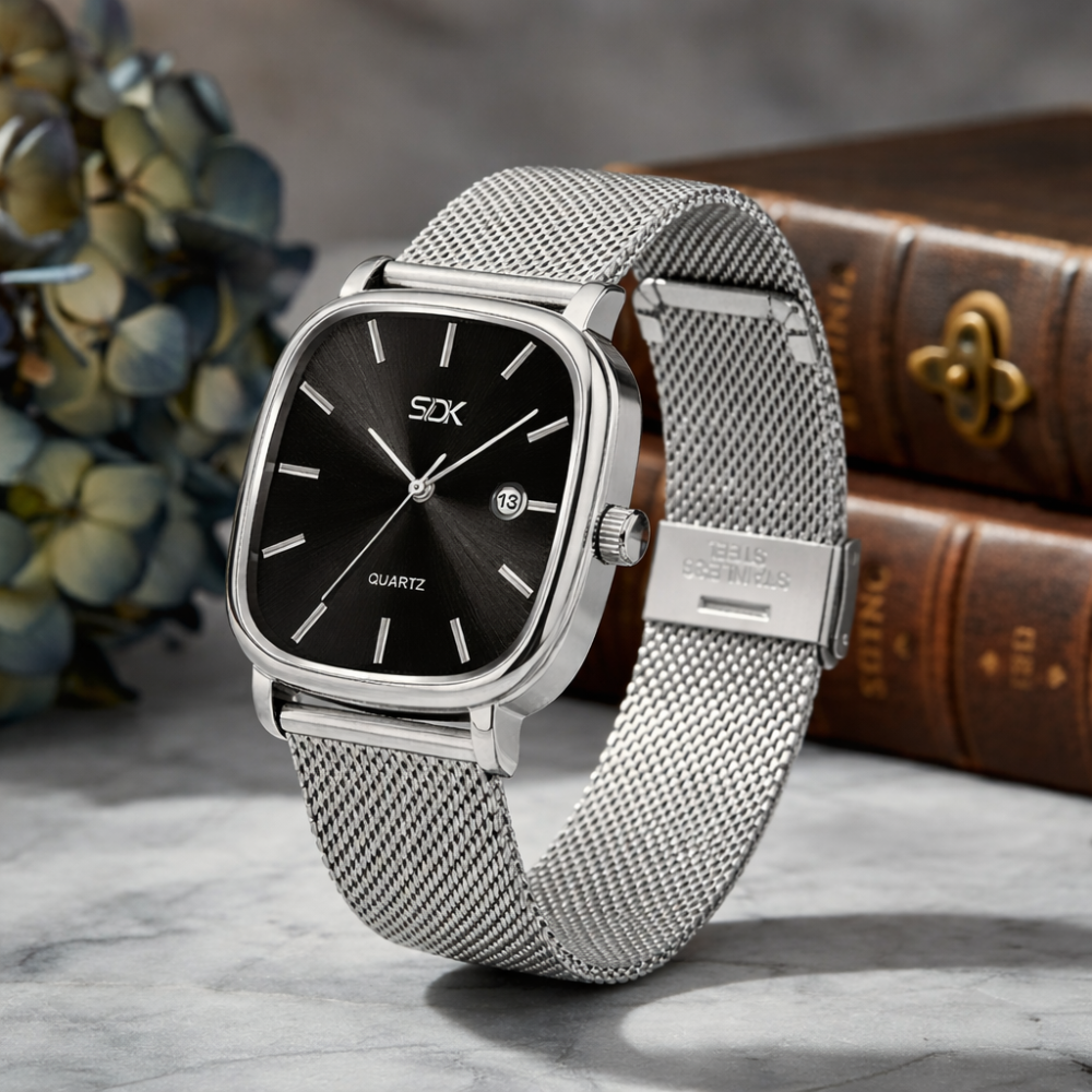Silver Mesh Classic Date Watch-Black