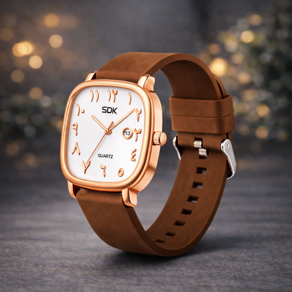 Rose Gold Arabic Dial Quartz Watch-Brown
