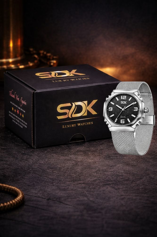 Silver Hexa Mesh Watch-Black