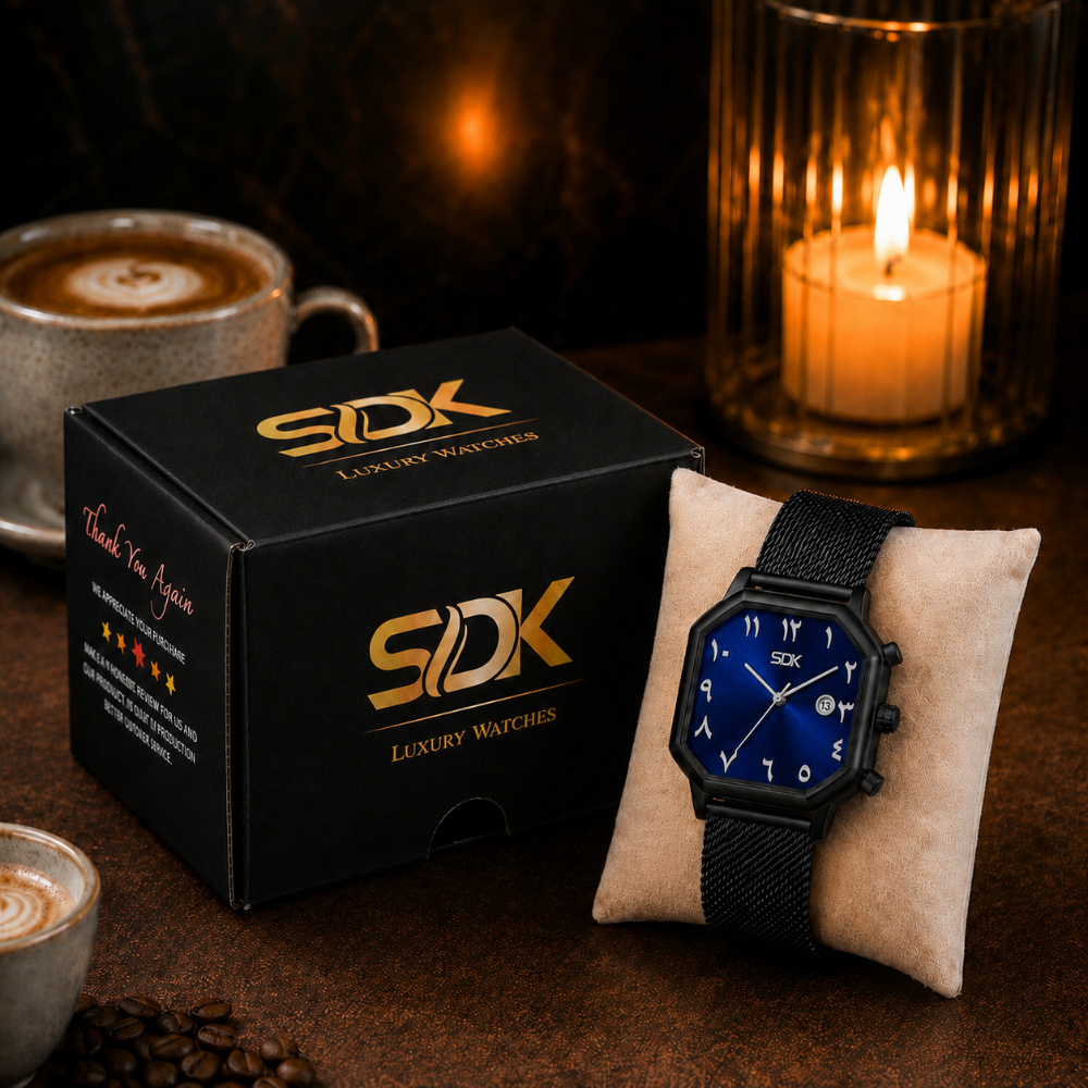 Royal Emerald Black Mesh Watch-Blue
