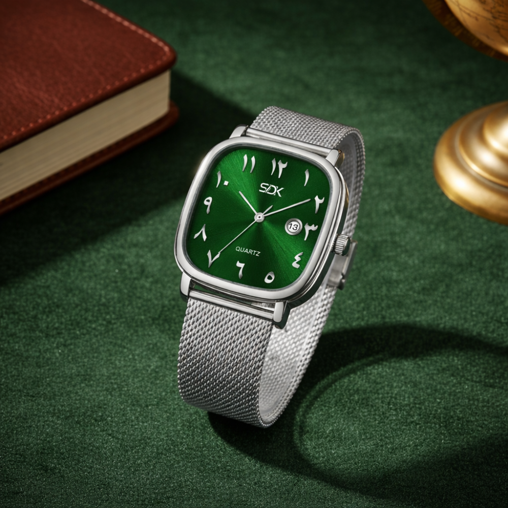 Silver Arabic Dial Mesh Watch-Green