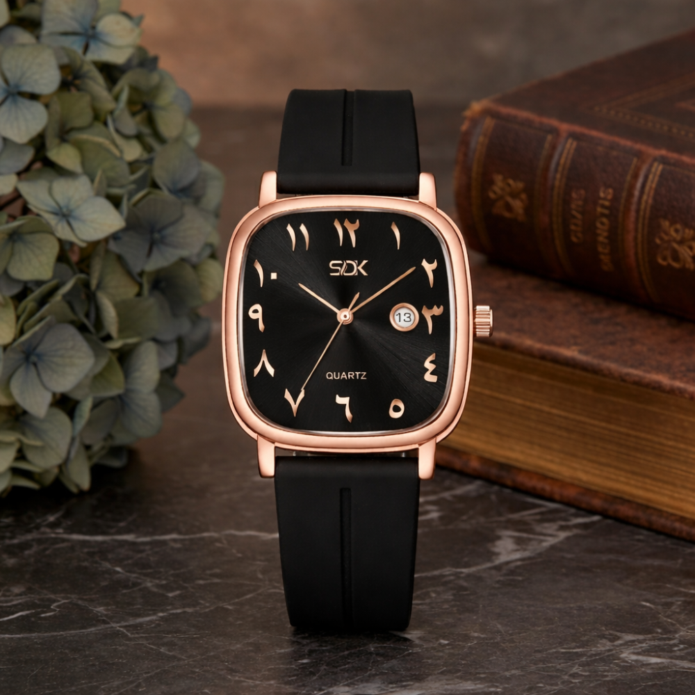 Rose Arabic Dial Silicone Strap Watch-Black