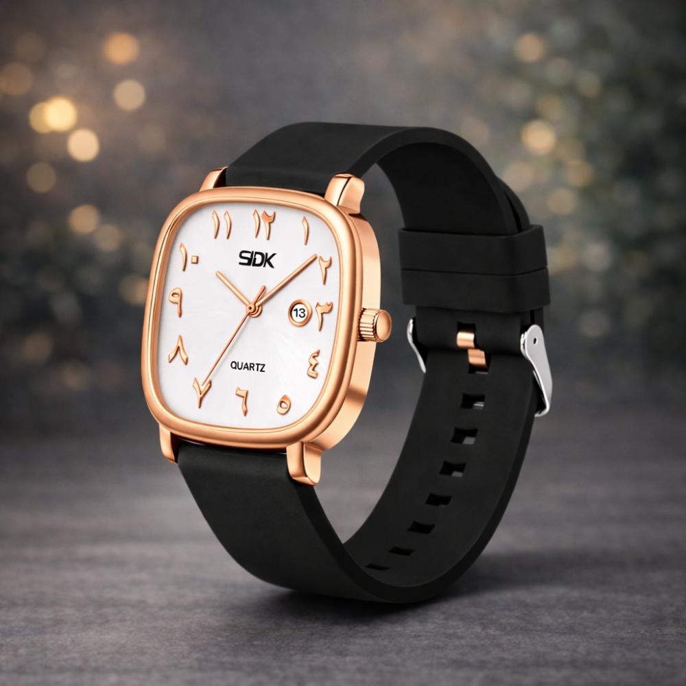 Rose Gold Arabic Dial Quartz Watch-Black