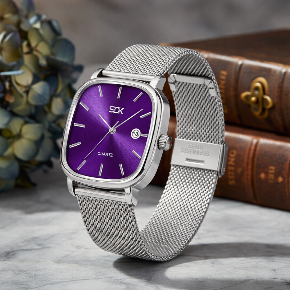 Silver Mesh Classic Date Watch-Purple
