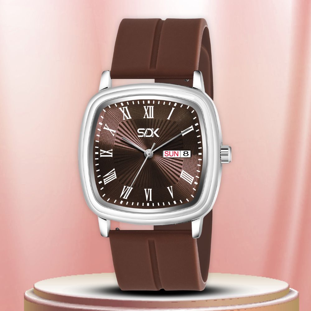 Classic Square Day-Date Silicone Watch-Brown