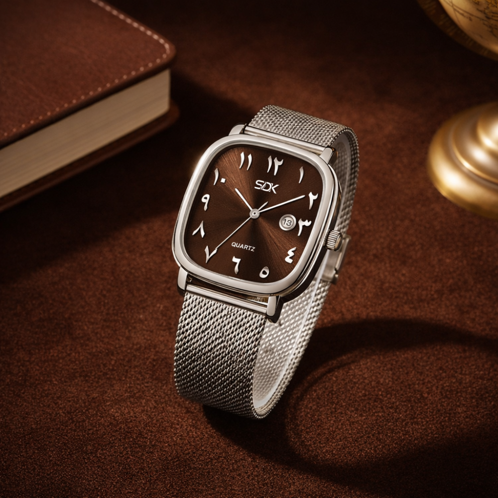 Silver Arabic Dial Mesh Watch-Brown