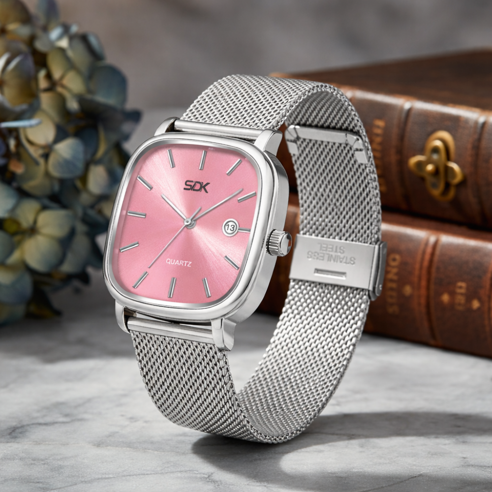 Silver Mesh Classic Date Watch-Pink