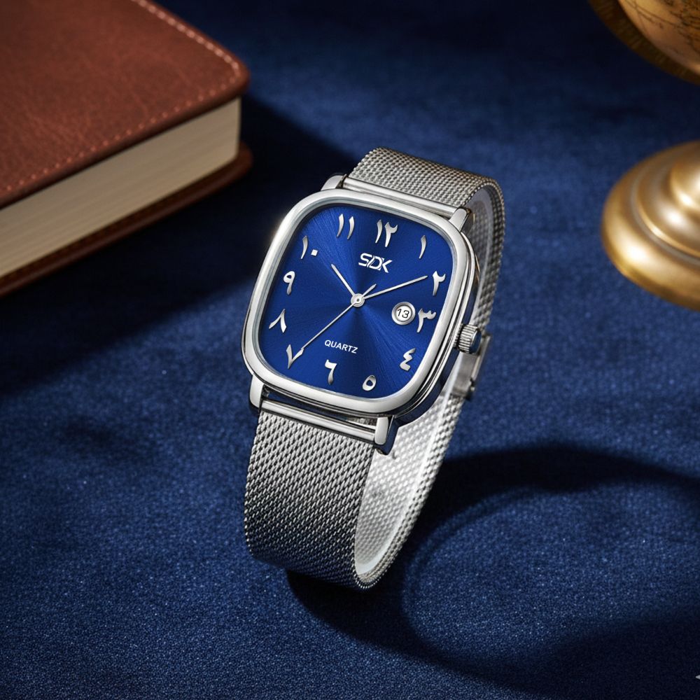 Silver Arabic Dial Mesh Watch-Blue