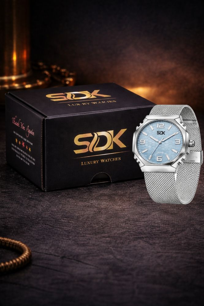 Silver Hexa Mesh Watch-Blue