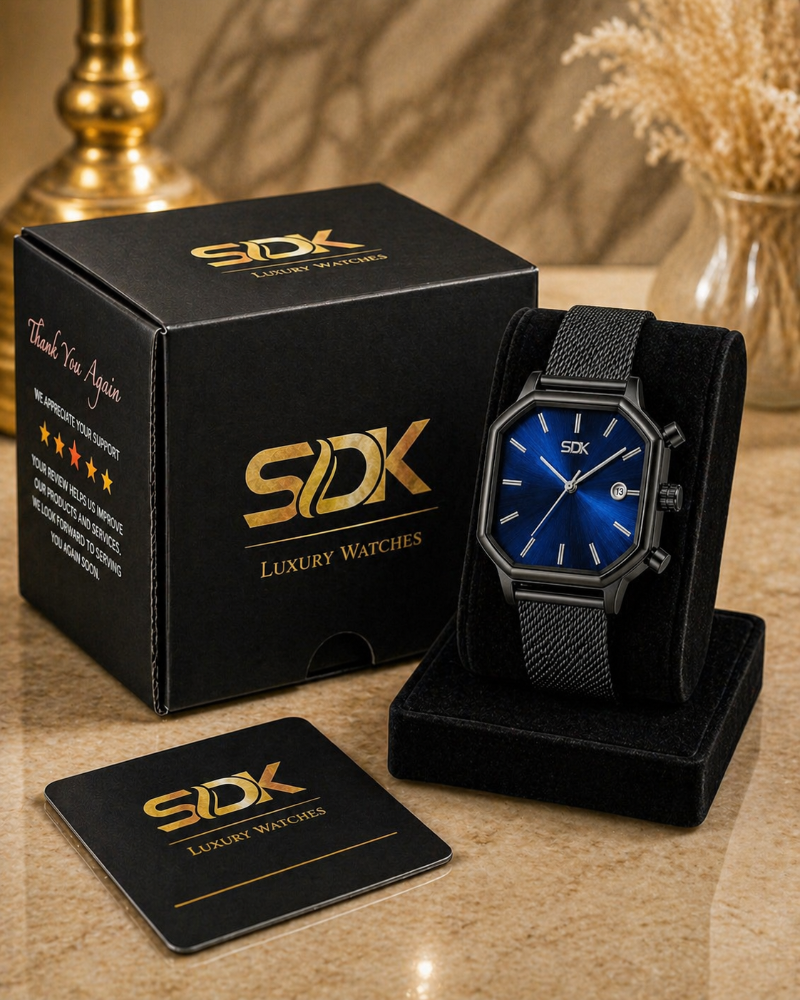 Black Mesh Date Watch-Blue