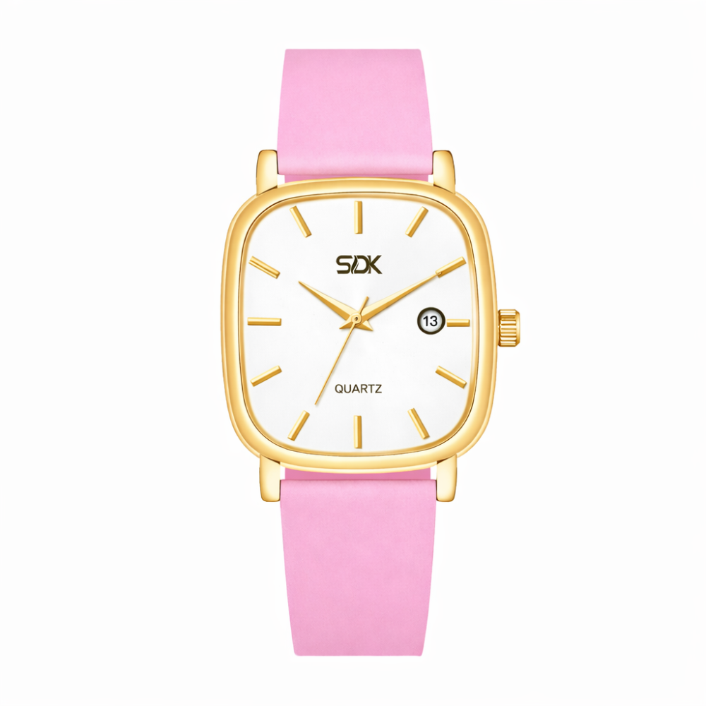 Golden Aura Square Dial Watch-Pink
