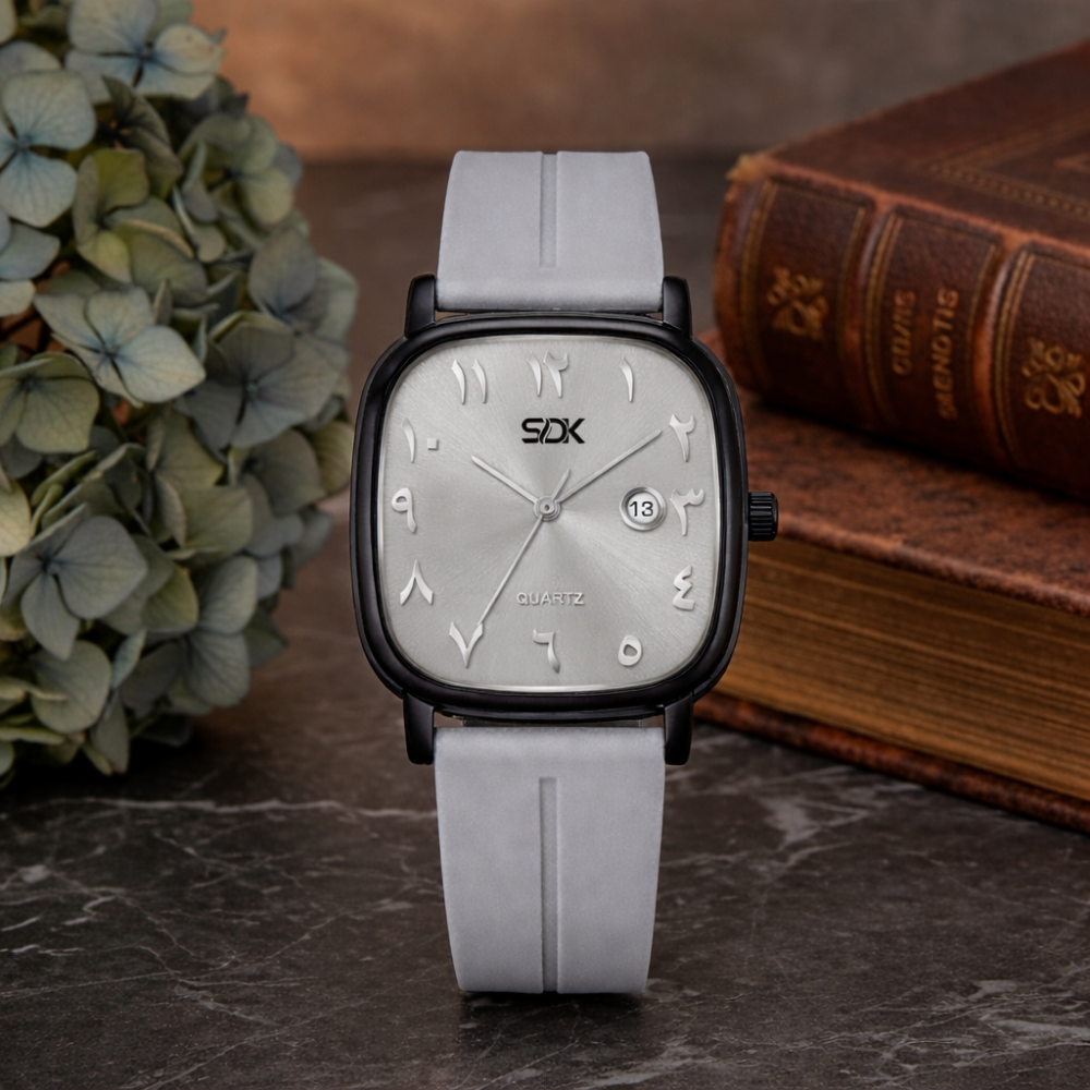 Black Arabic Dial Silicone Strap Watch-Grey