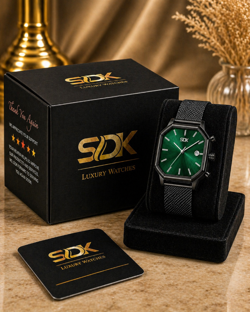 Black Mesh Date Watch-Green