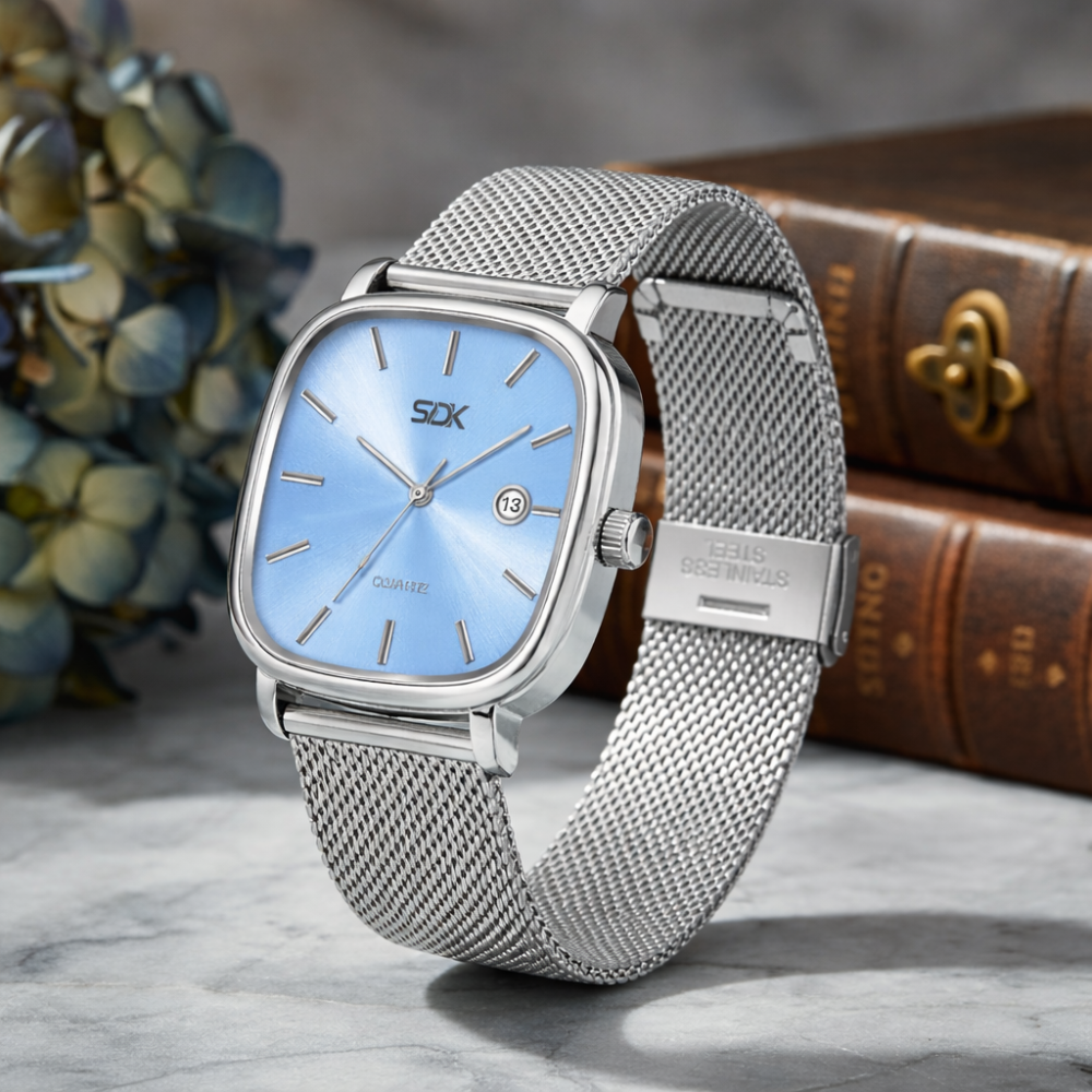 Silver Mesh Classic Date Watch-SKY BLUE