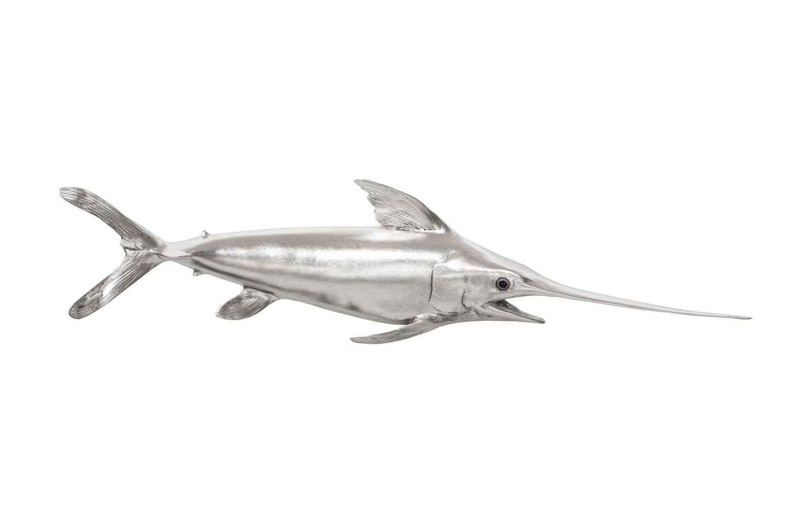 Broadbill Swordfish Fish Wall Sculpture, Resin, Silver Leaf