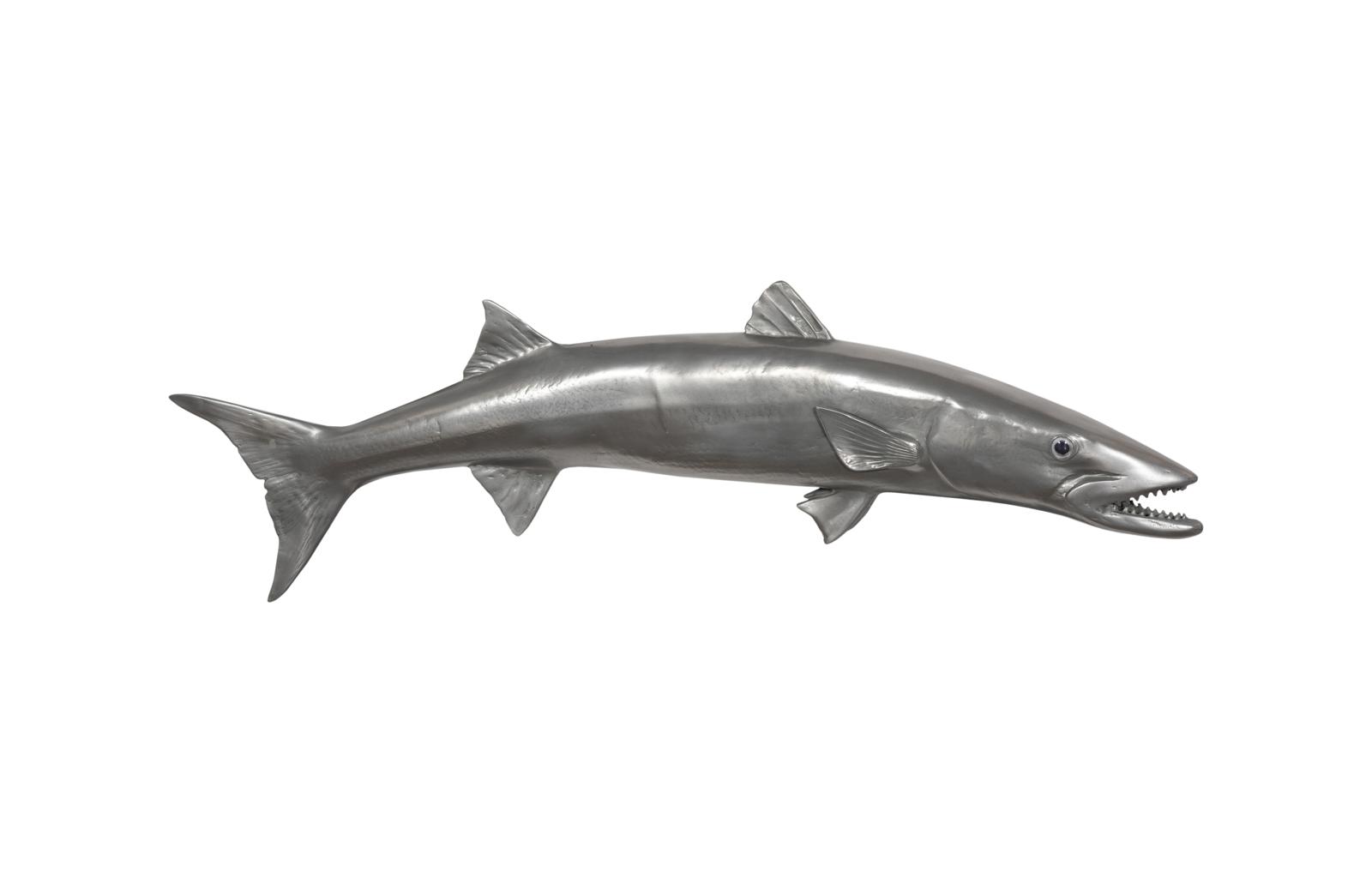 Barracuda Fish Wall Sculpture, Resin, Polished Aluminum Finish