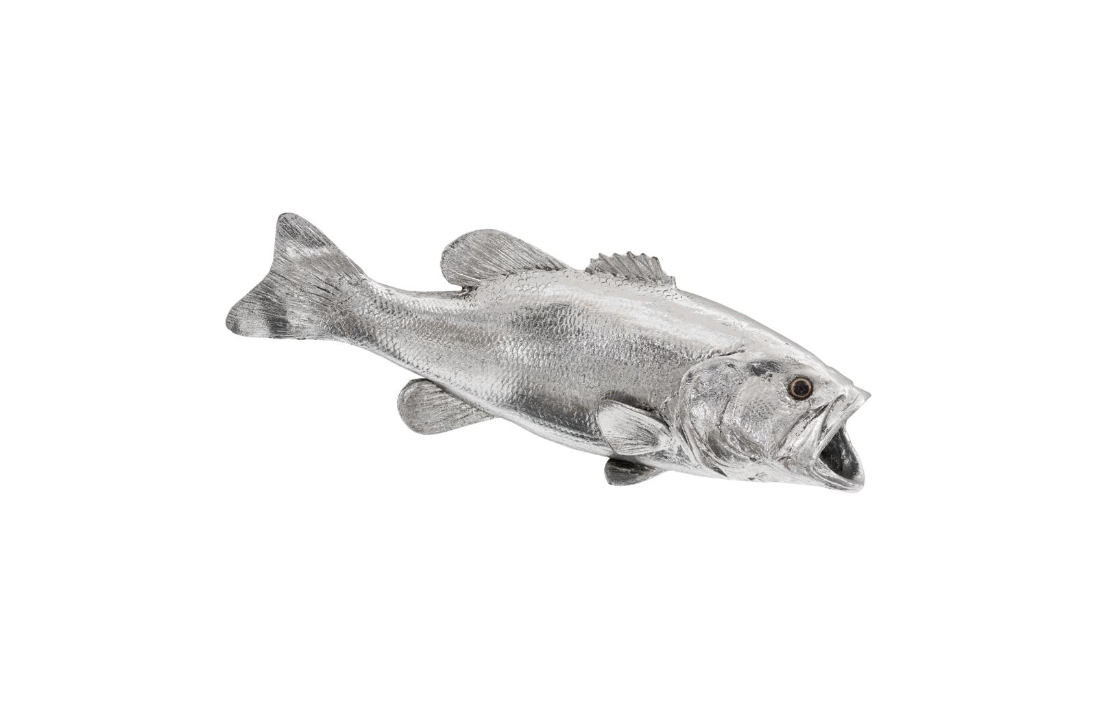 Large Mouth Bass Fish Wall Sculpture, Resin, Silver Leaf