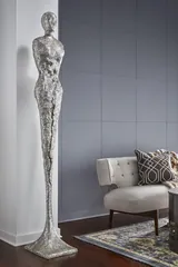 Tall Chiseled Female Sculpture, Resin, Silver Leaf