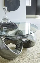 Trifoil Coffee Table, Liquid Silver w/Glass