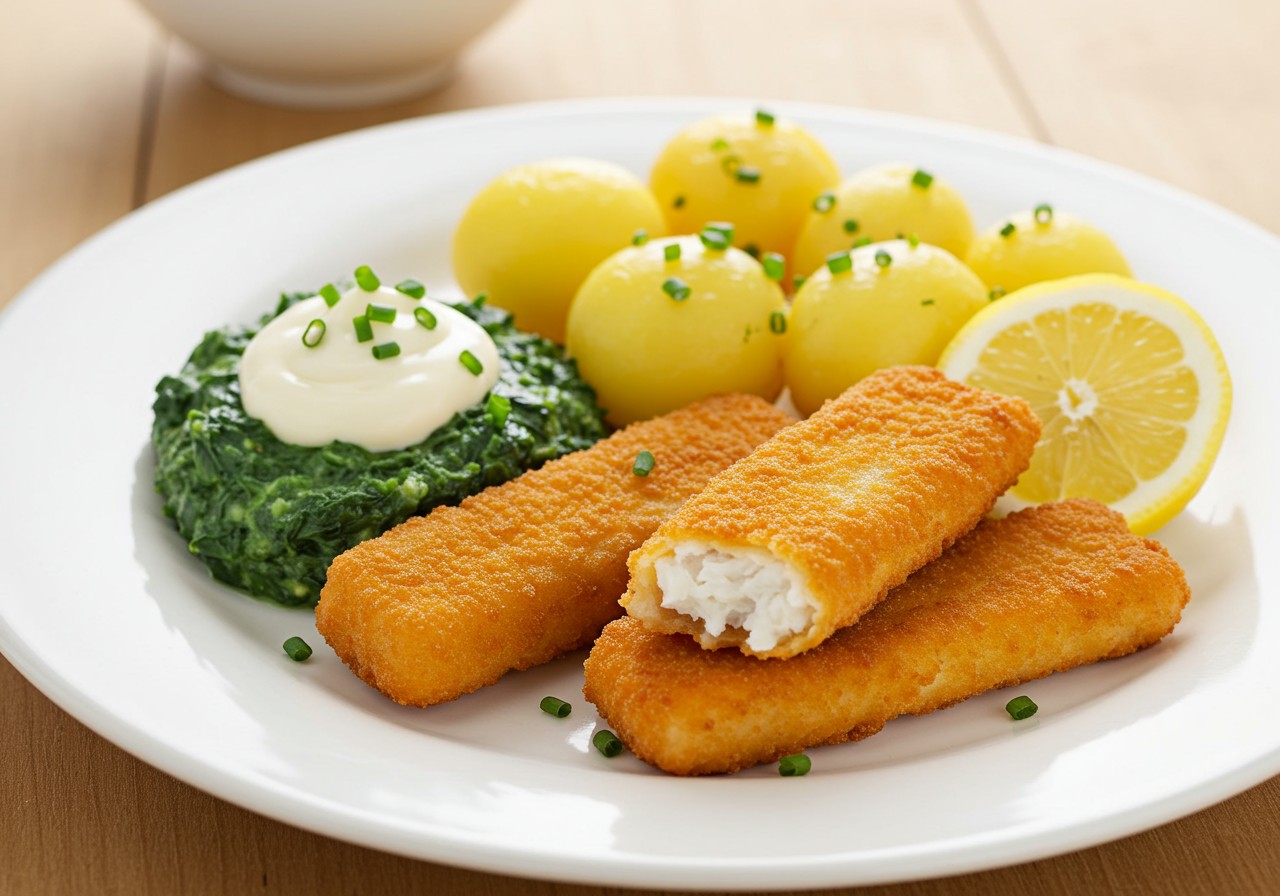 «Fischstäbli», Zitronenschnitz, Zitronen-Mayonnaise, Wildreis, Rahmspinat
