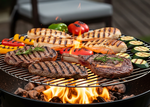 frisch vom Grill, mit angemachten Salaten, Bratwurst, Poulet, Schwein, Rind und Vegi, Tagesspezialitäten