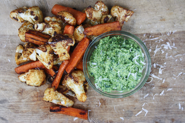 spicy roasted cauliflower and carrots with parsley pesto