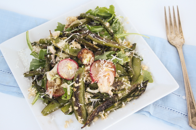 roasted snap pea, asparagus and radish salad with lemon vinaigrette