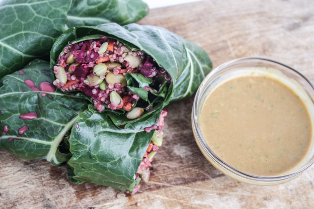 collard green burritos with almond-lime dipping sauce
