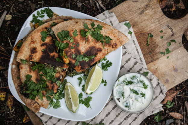 butternut squash and kale quesadillas with cumin-lime yogurt sauce