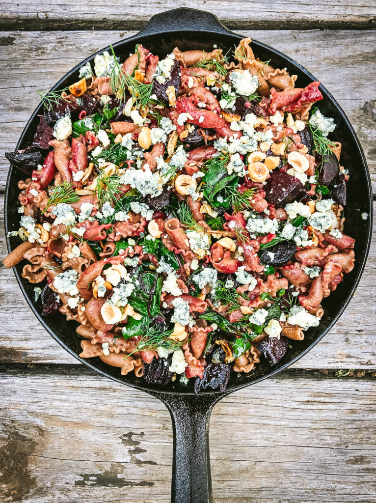Beet Pasta with Caramelized Leeks, Hazelnuts & Blue Cheese
