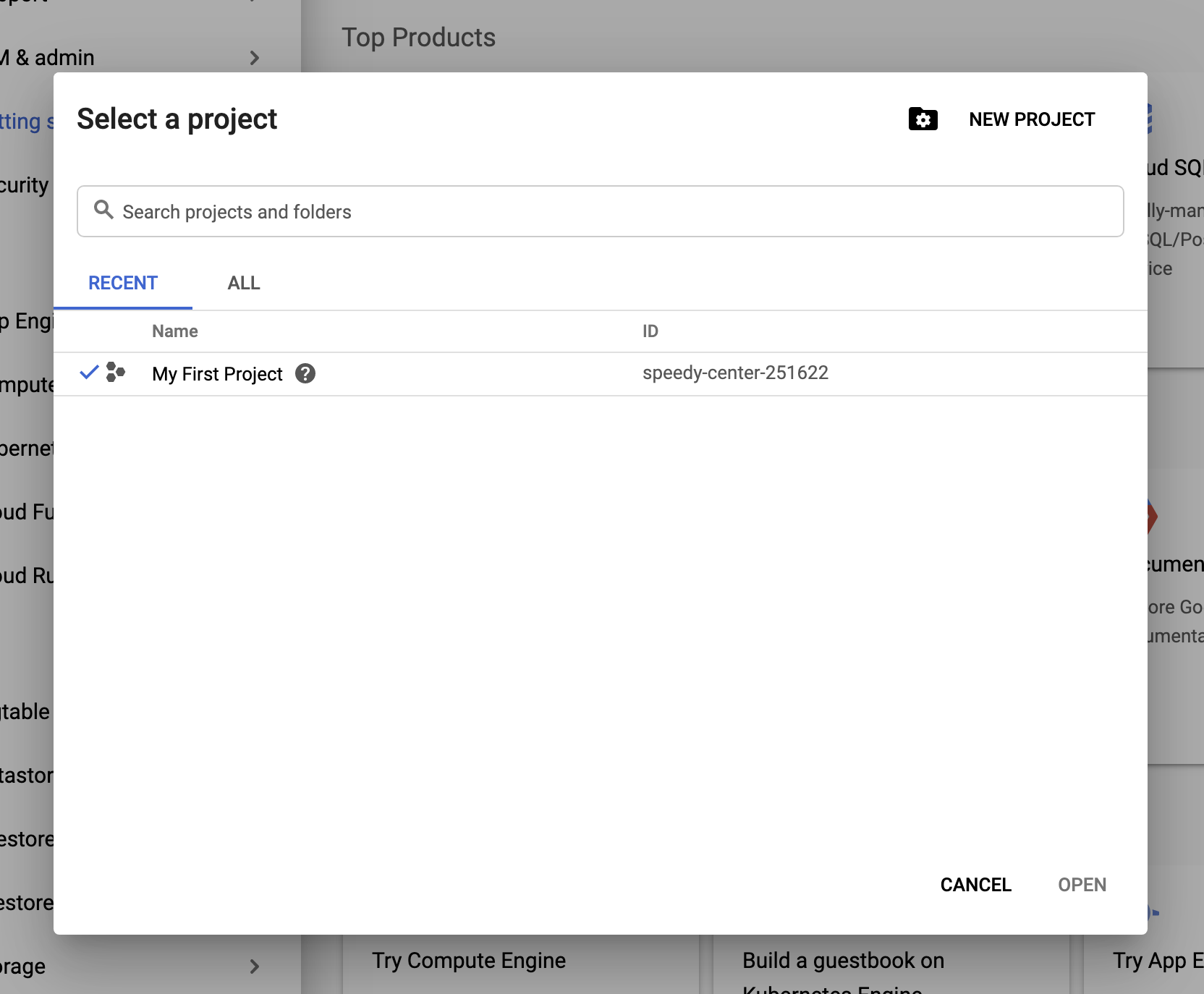 project id dialog