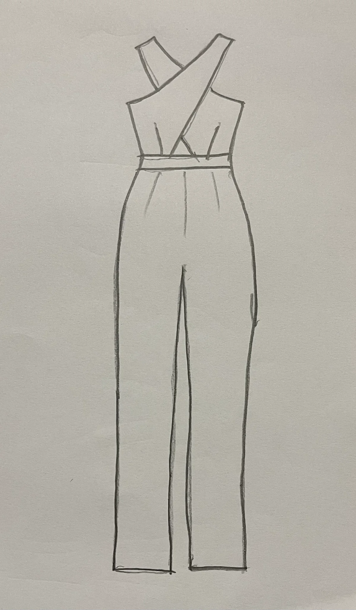 Hand-drawn front and back design sketch of the Off-Shoulder Jumpsuit on DIYO
