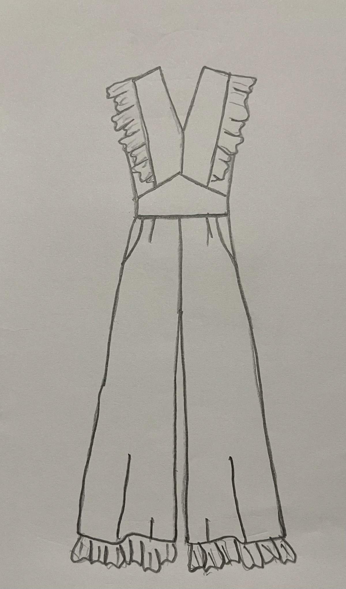 Hand-drawn front and back design sketch of the Pocketed Jumpsuit on DIYO