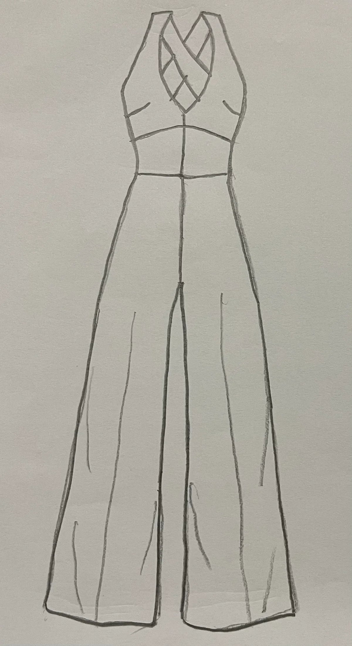 Hand-drawn front and back design sketch of the Ruffled Jumpsuit on DIYO