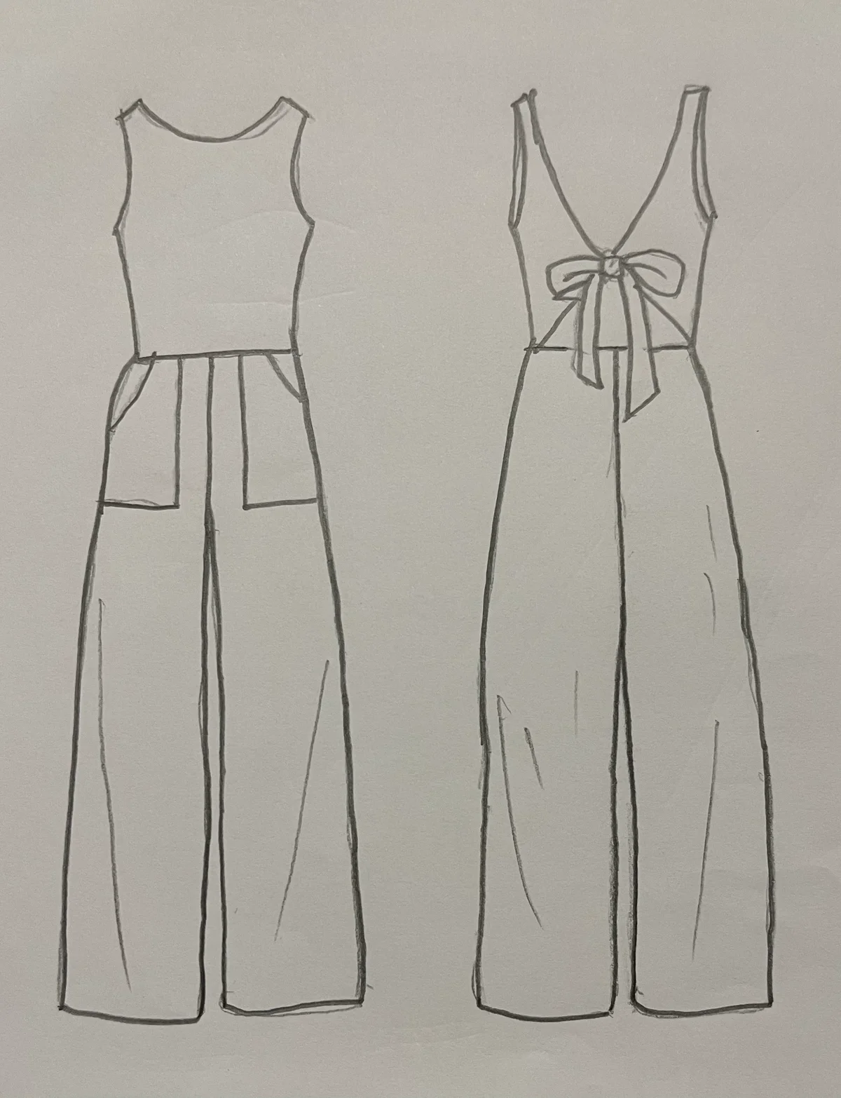 Hand-drawn front and back design sketch of the Button-Front Jumpsuit on DIYO