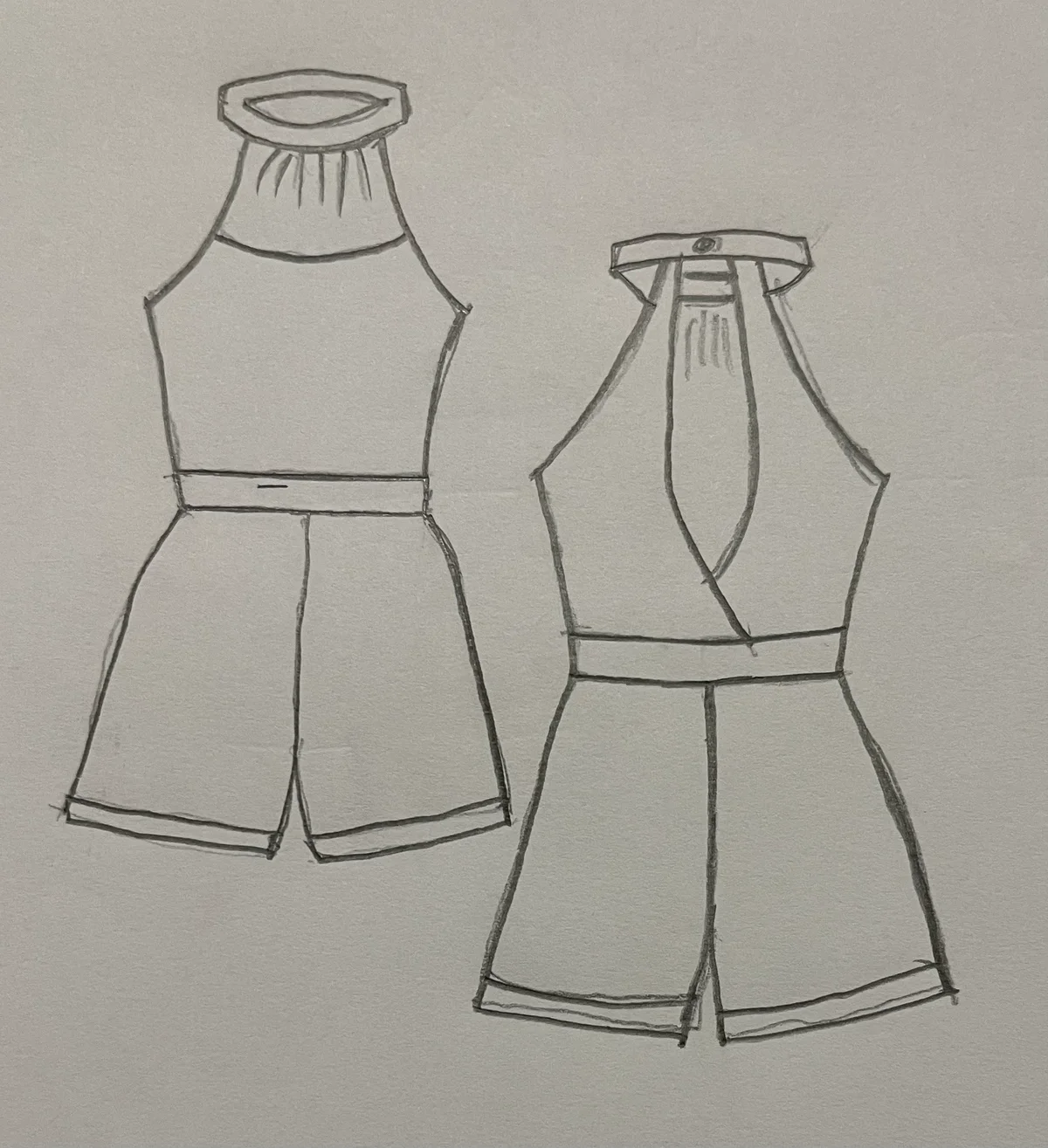Hand-drawn front and back design sketch of the Sleek Minimalist Jumpsuit on DIYO