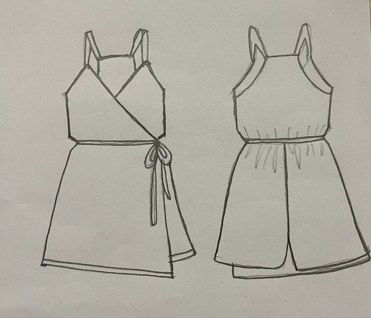 Hand-drawn front and back design sketch of the Floral Print Jumpsuit on DIYO