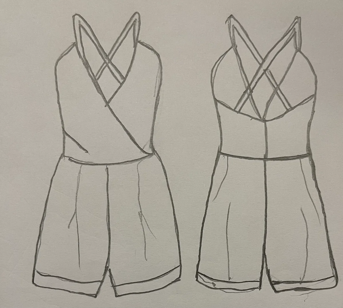 Hand-drawn front and back design sketch of the Satin Jumpsuit on DIYO